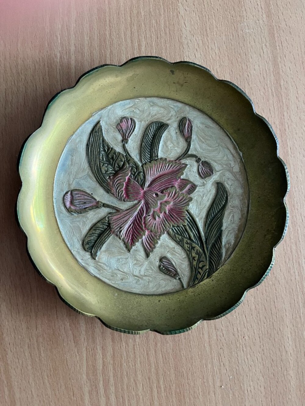 Vintage Brass enamel scalloped edge red flower trinket plate decor 5.5" metal